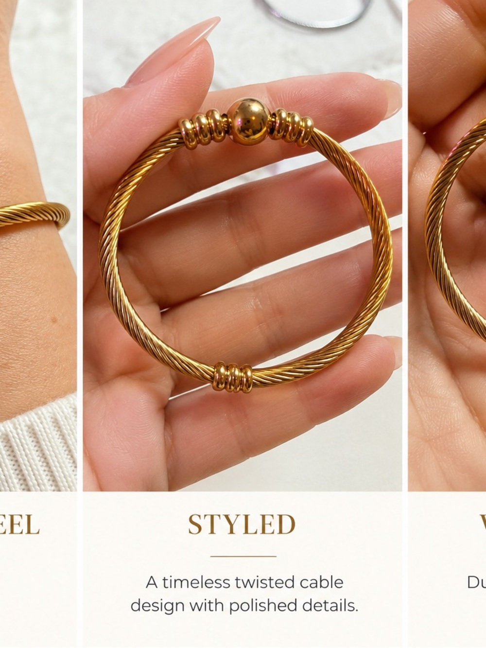 Gold Twisted Cable Bangle Bracelet - Classic Polished Design